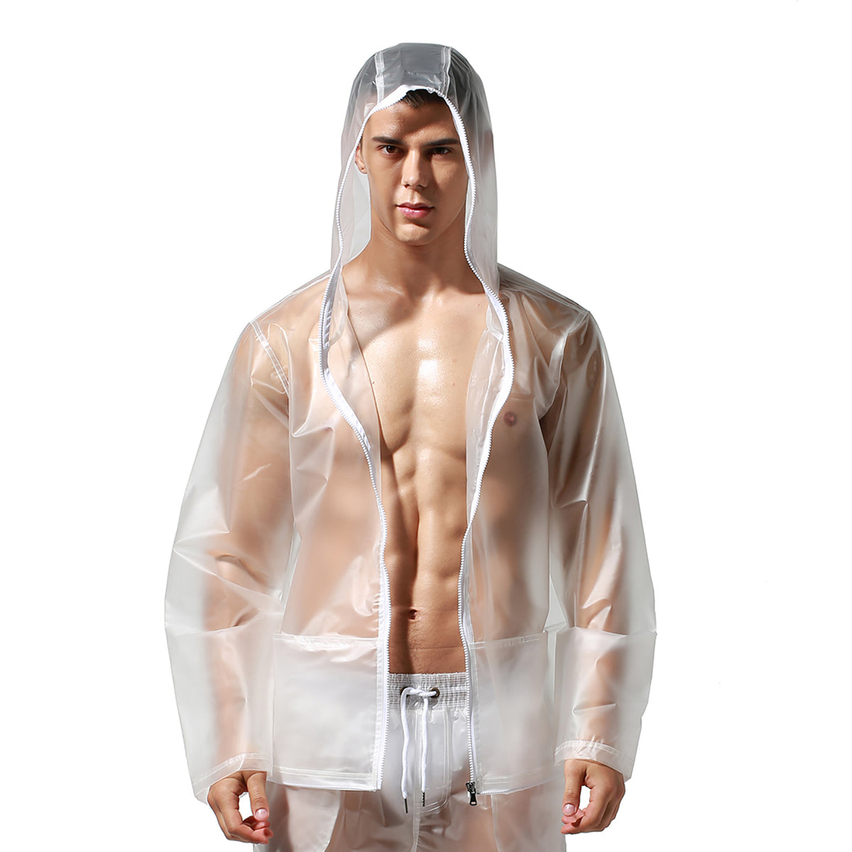 Men's PU Hooded Long Sleeve Rain Jacket Sheer Windproof Waterproof Outerwear S7941