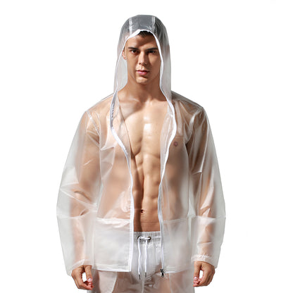 Men's PU Hooded Long Sleeve Rain Jacket Sheer Windproof Waterproof Outerwear S7941