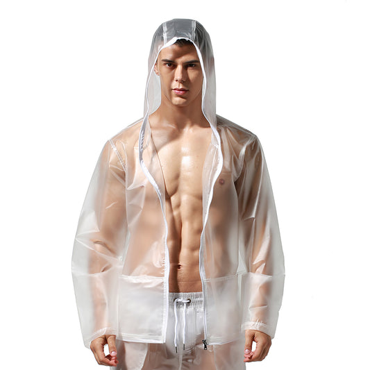 Men's PU Hooded Long Sleeve Rain Jacket Sheer Windproof Waterproof Outerwear S7941