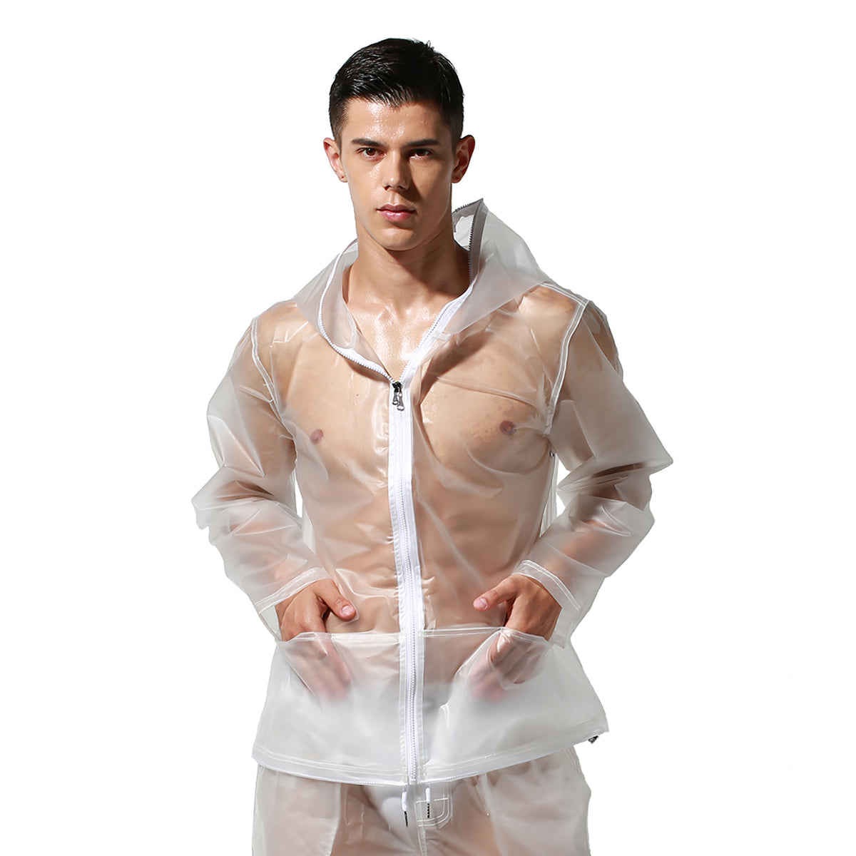 Men's PU Hooded Long Sleeve Rain Jacket Sheer Windproof Waterproof Outerwear S7941