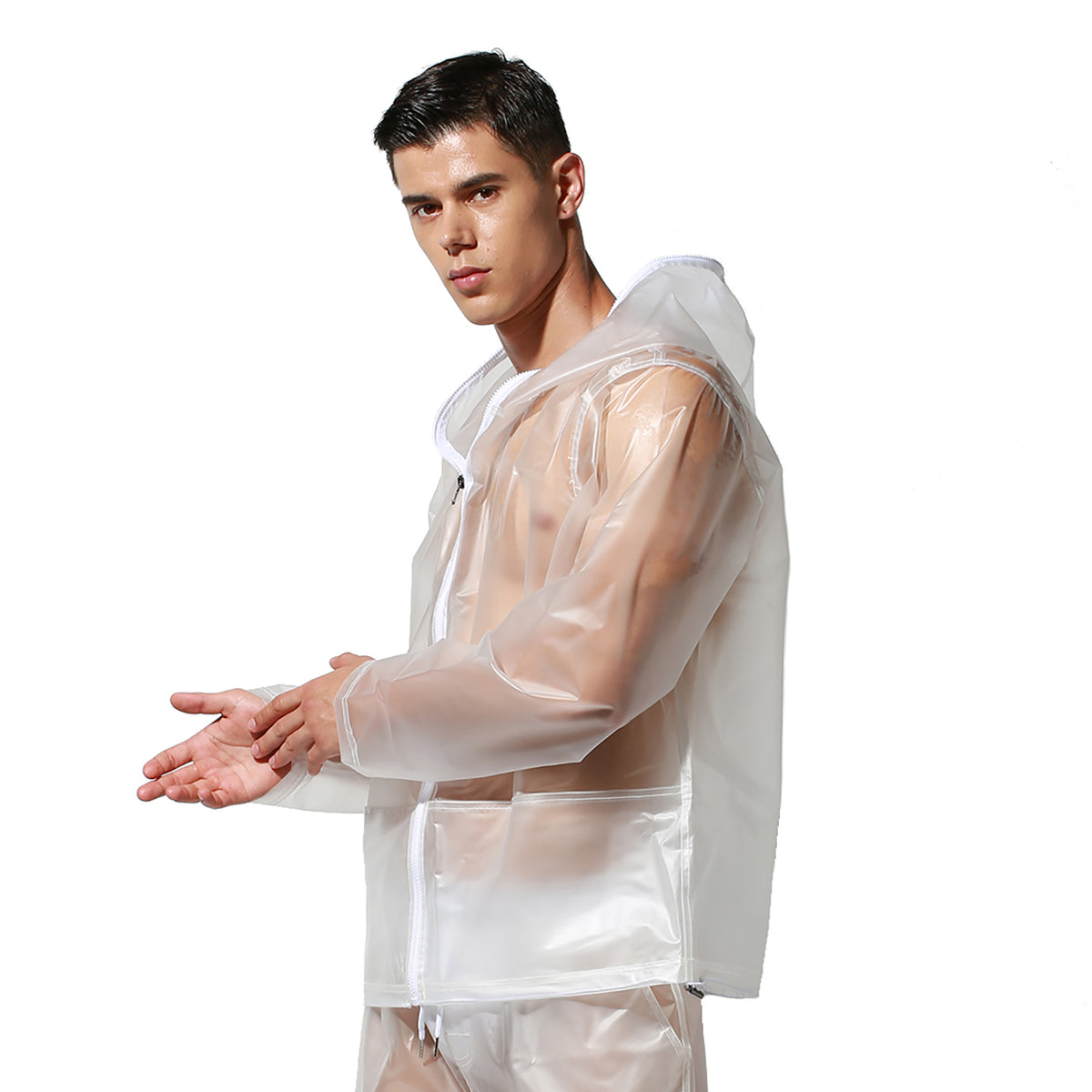 Men's PU Hooded Long Sleeve Rain Jacket Sheer Windproof Waterproof Outerwear S7941