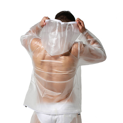 Men's PU Hooded Long Sleeve Rain Jacket Sheer Windproof Waterproof Outerwear S7941