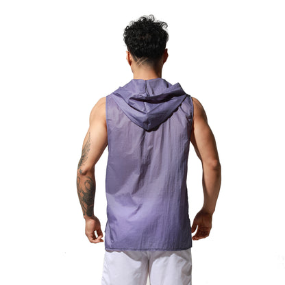 Men's Lightweight Sun Protection Tank Top, Portable Quick Dry Sexy Sleeveless Hooded Sheer UV Protection Vest T2003