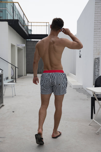 Men's Vertical Stripes Drawstring Board Shorts | Quick-Dry Portable Sports Swimwear with Pockets S612
