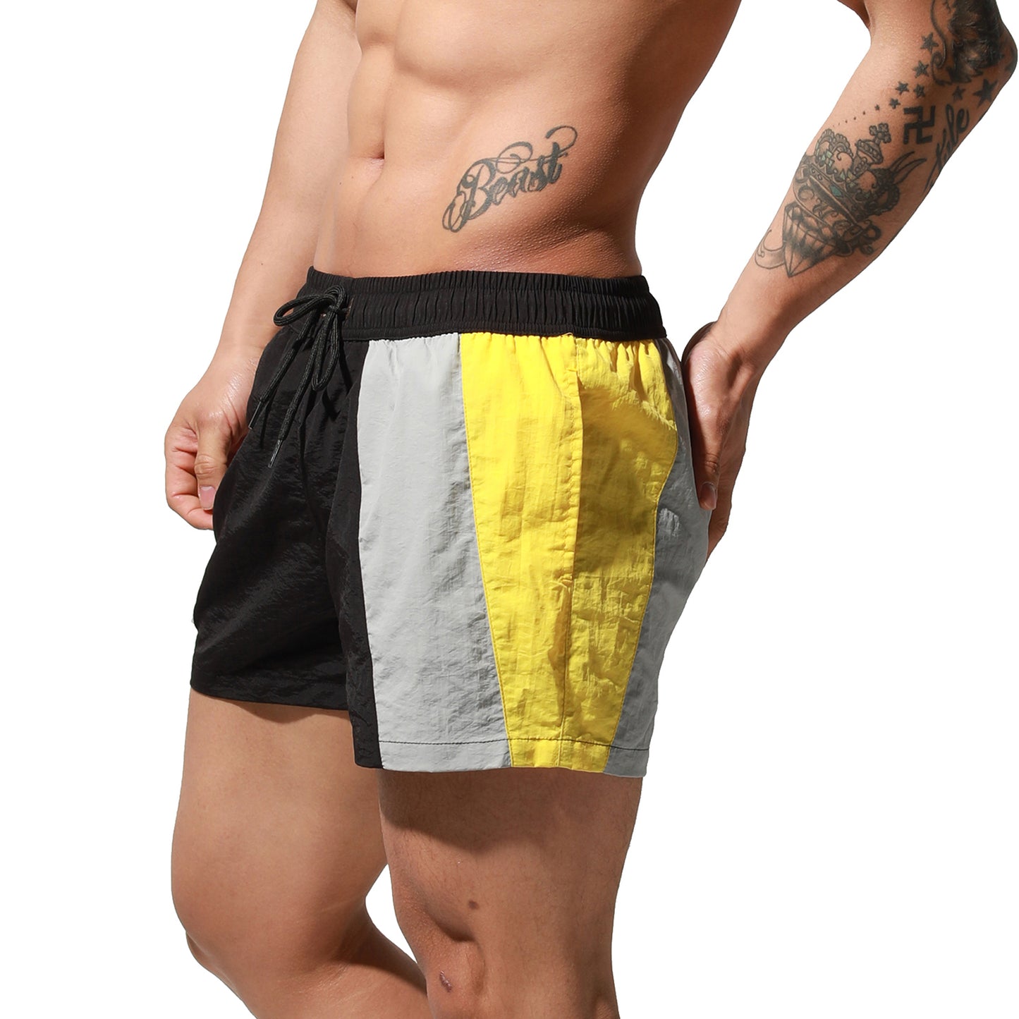 DESMIIT Men's Geometric Stitching Quick-Dry Short Board Shorts Loose Swimwear Surfing S6017