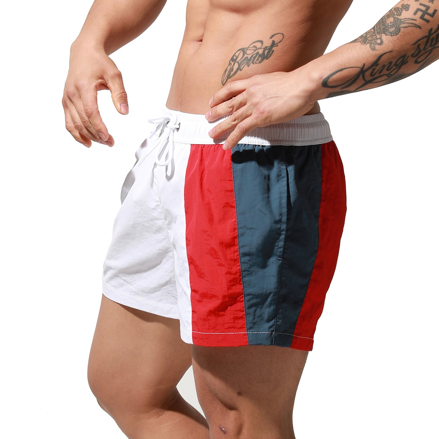 DESMIIT Men's Geometric Stitching Quick-Dry Short Board Shorts Loose Swimwear Surfing S6017