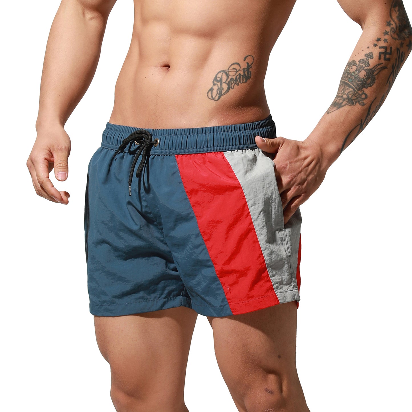 DESMIIT Men's Geometric Stitching Quick-Dry Short Board Shorts Loose Swimwear Surfing S6017