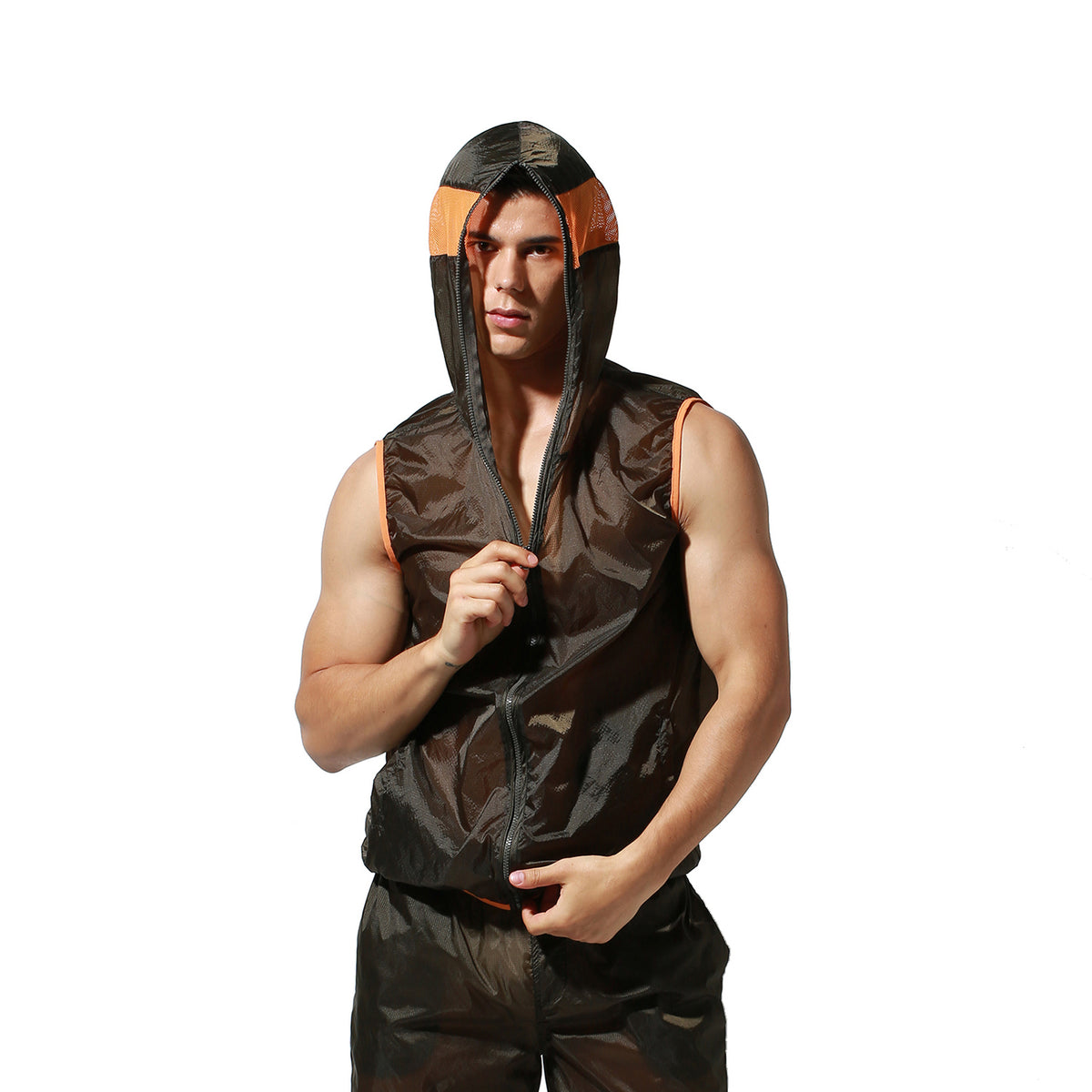 Men's Lightweight Sun Protection Tank Top Quick Dry Sexy Sleeveless Hooded Sheer UV Protection Vest S2901