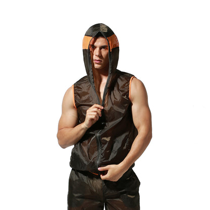 Men's Lightweight Sun Protection Tank Top Quick Dry Sexy Sleeveless Hooded Sheer UV Protection Vest S2901