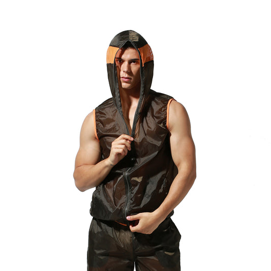 Men's Lightweight Sun Protection Tank Top Quick Dry Sexy Sleeveless Hooded Sheer UV Protection Vest S2901