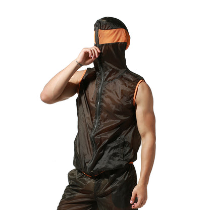 Men's Lightweight Sun Protection Tank Top Quick Dry Sexy Sleeveless Hooded Sheer UV Protection Vest S2901