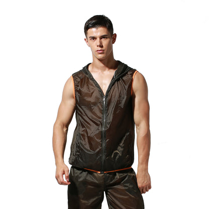 Men's Lightweight Sun Protection Tank Top Quick Dry Sexy Sleeveless Hooded Sheer UV Protection Vest S2901