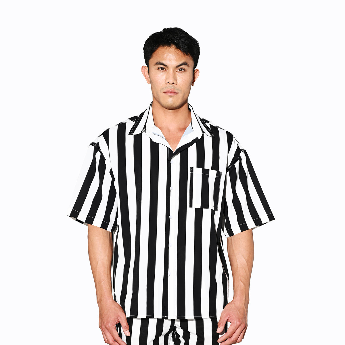 DESMIIT Men's Bold Horizontal Stripe Short Sleeve Button Down Shirt, Loose Fit Nylon Camp Collar Casual Vacation Shirt T3503