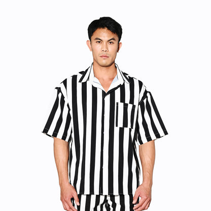 DESMIIT Men's Bold Horizontal Stripe Short Sleeve Button Down Shirt, Loose Fit Nylon Camp Collar Casual Vacation Shirt T3503