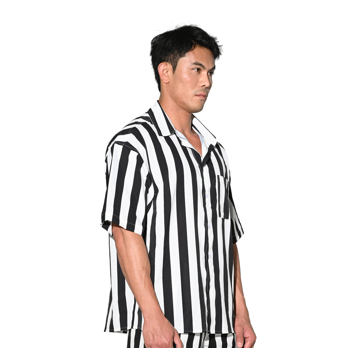 DESMIIT Men's Bold Horizontal Stripe Short Sleeve Button Down Shirt, Loose Fit Nylon Camp Collar Casual Vacation Shirt T3503