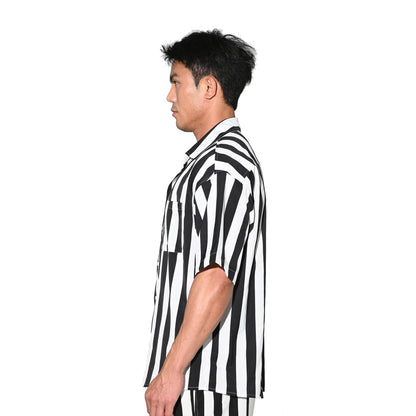 DESMIIT Men's Bold Horizontal Stripe Short Sleeve Button Down Shirt, Loose Fit Nylon Camp Collar Casual Vacation Shirt T3503