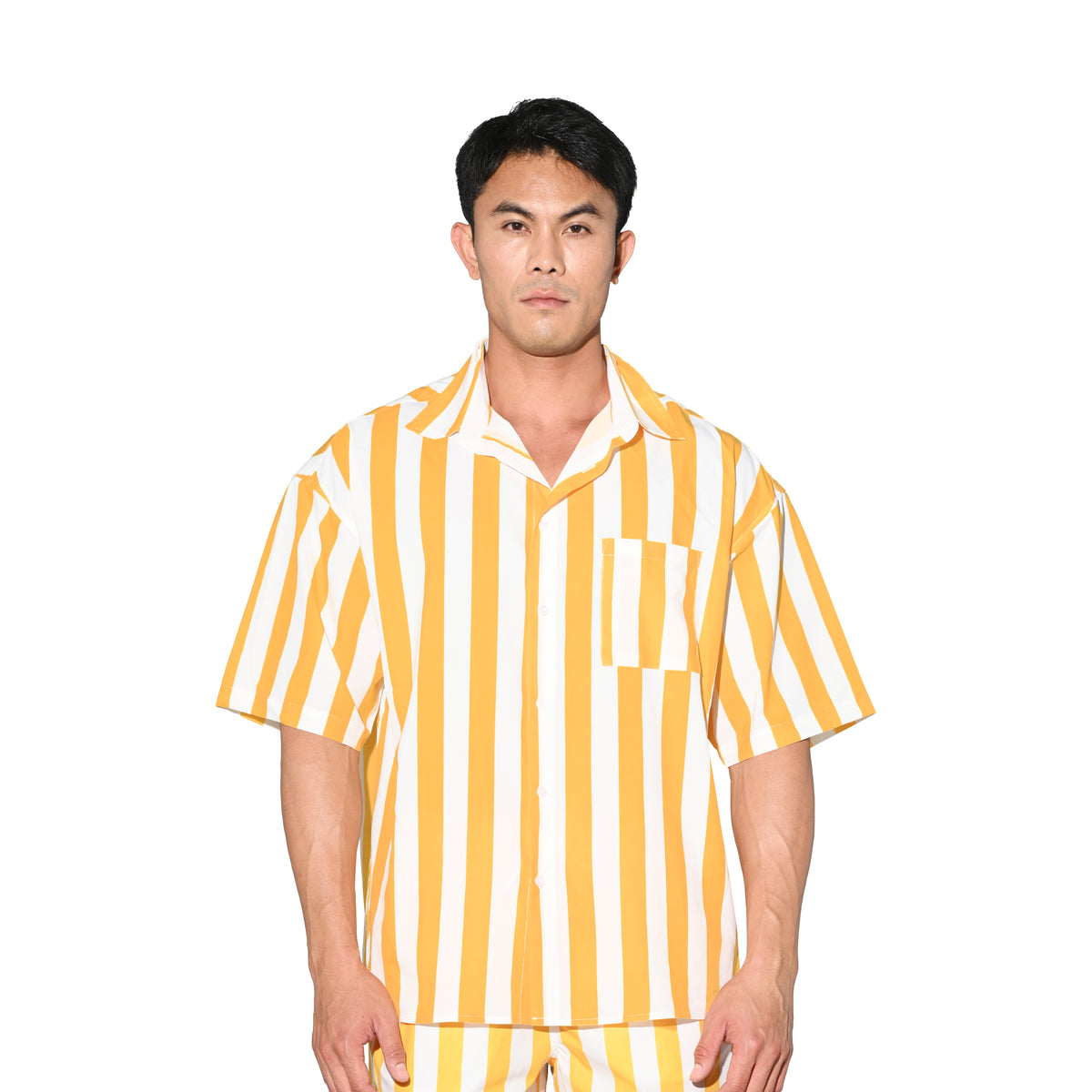 DESMIIT Men's Bold Horizontal Stripe Short Sleeve Button Down Shirt, Loose Fit Nylon Camp Collar Casual Vacation Shirt T3503