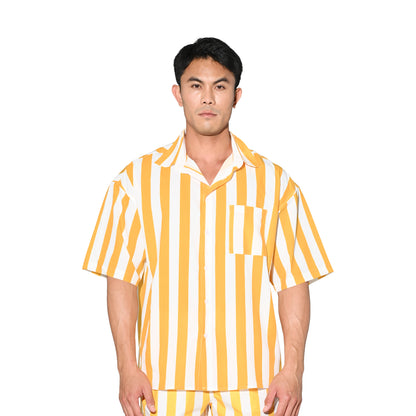 DESMIIT Men's Bold Horizontal Stripe Short Sleeve Button Down Shirt, Loose Fit Nylon Camp Collar Casual Vacation Shirt T3503