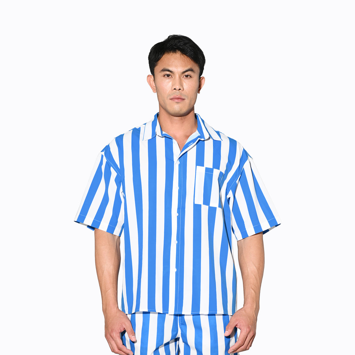 DESMIIT Men's Bold Horizontal Stripe Short Sleeve Button Down Shirt, Loose Fit Nylon Camp Collar Casual Vacation Shirt T3503