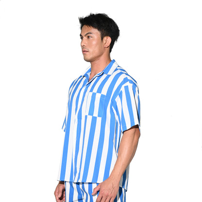 DESMIIT Men's Bold Horizontal Stripe Short Sleeve Button Down Shirt, Loose Fit Nylon Camp Collar Casual Vacation Shirt T3503