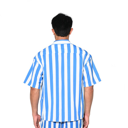 DESMIIT Men's Bold Horizontal Stripe Short Sleeve Button Down Shirt, Loose Fit Nylon Camp Collar Casual Vacation Shirt T3503