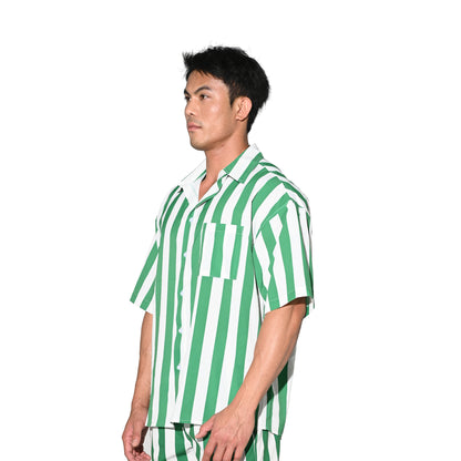DESMIIT Men's Bold Horizontal Stripe Short Sleeve Button Down Shirt, Loose Fit Nylon Camp Collar Casual Vacation Shirt T3503