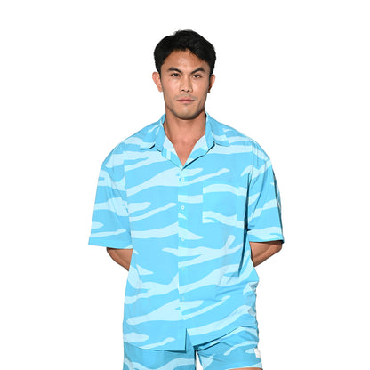 DESMIIT Men's Camo Print Short Sleeve Button Down, Loose Fit Non-Stretch Nylon Camp Collar Vacation Shirt with Chest Pocket  T3504