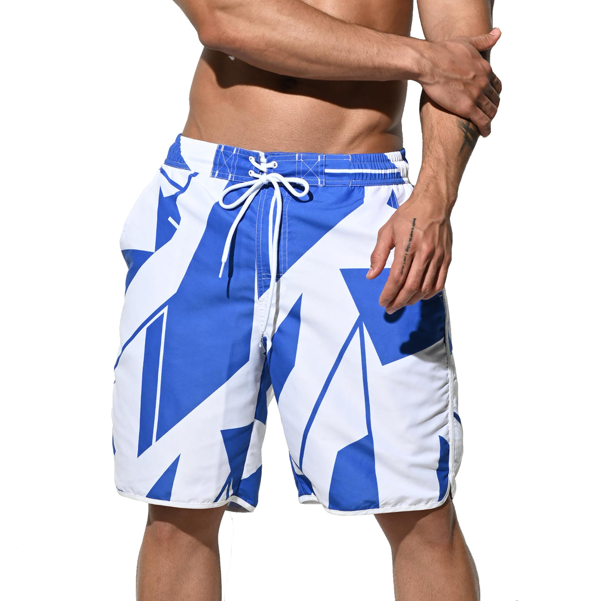 DESMIIT Men's Drawstring Quick Dry Swim Board Shorts Random Blue and White Block Breathable Beach Shorts B5131