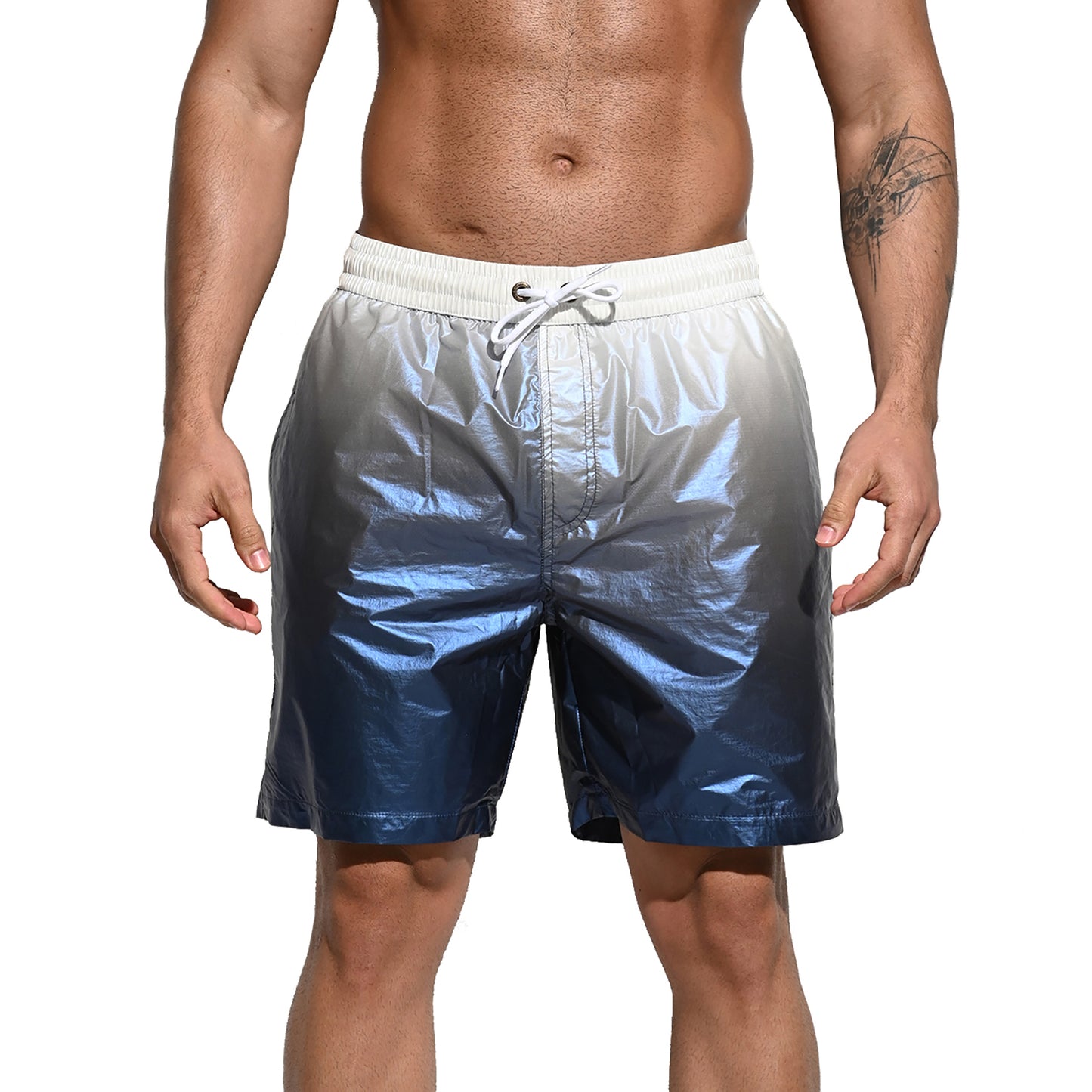 DESMIIT Men's Shiny Board Shorts Middle Sports Gym Shorts Loose Trunks Swimwear for vacation 4-point shorts B4117