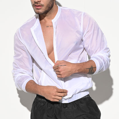 DESMIIT Men's Ultra Thin Semi-Sheer Long Sleeve Button Down Shirt, Loose Fit Nylon Ultra Lightweight UV Protection Vacation Travel Shirt B7242